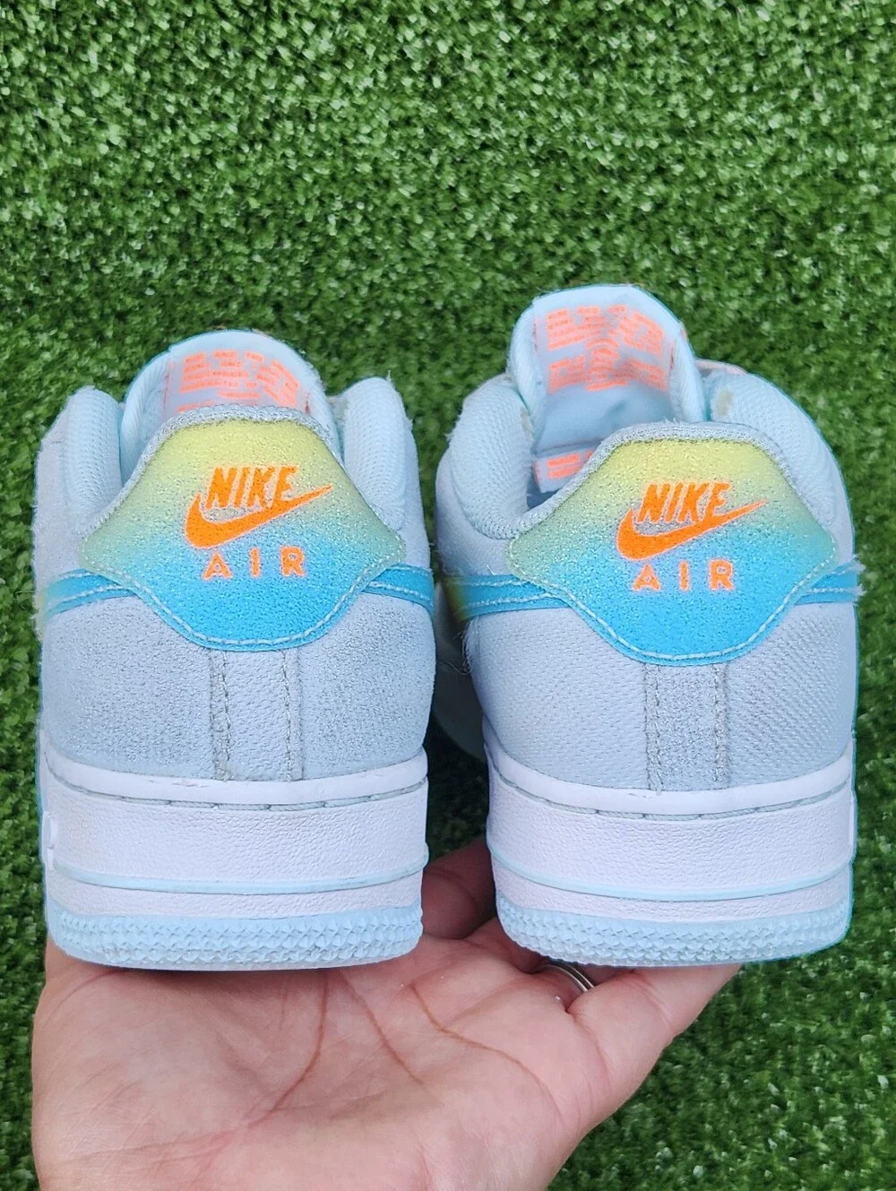 Nike Air Force 1 Big Kids Glacier Blue/Orange Leather Sneakers Size 4.5 Youth